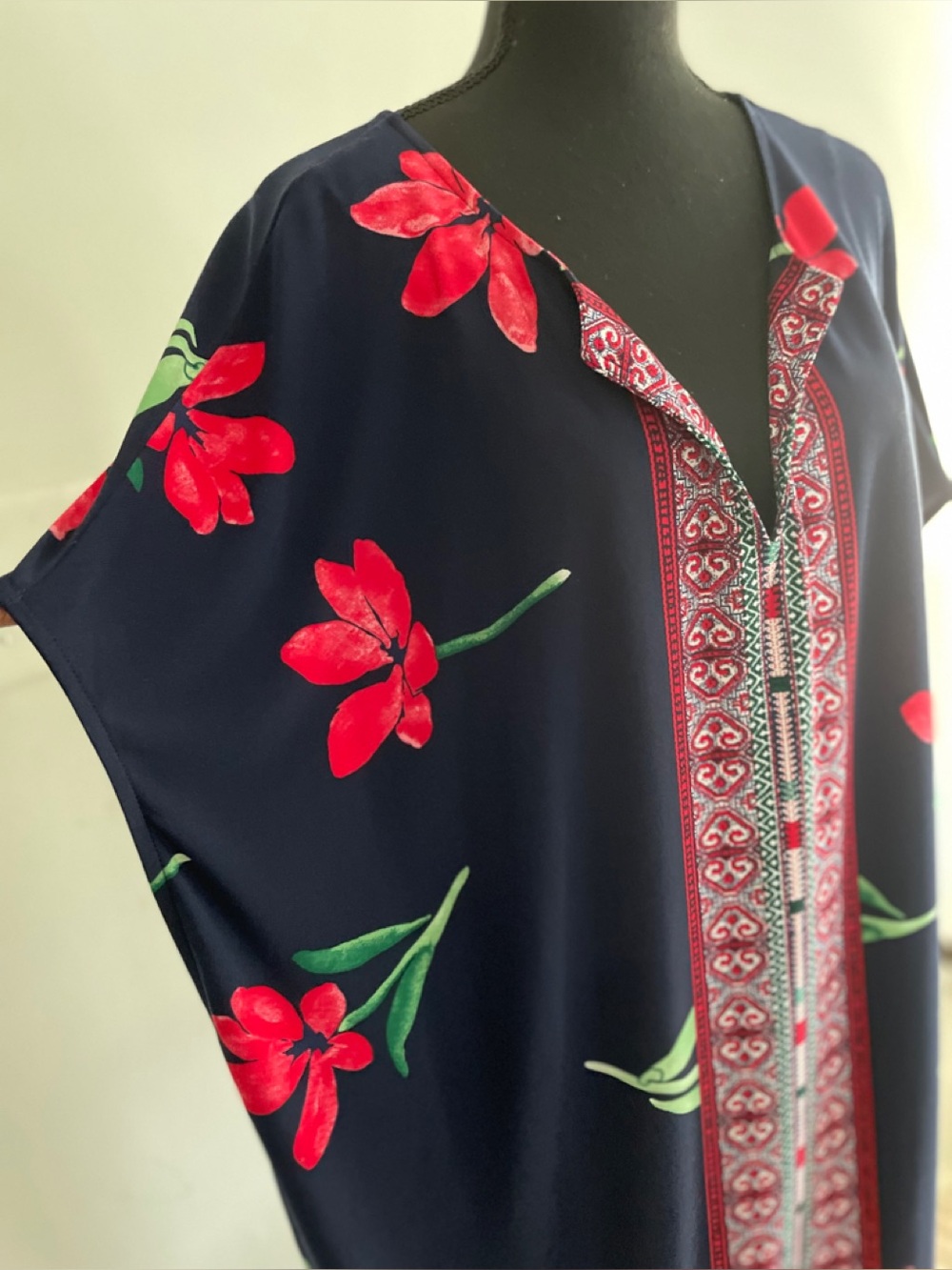 Chaps Floral Kaftan Style Shift Dress Size 18W Navy Red Boho Oversized Leisure